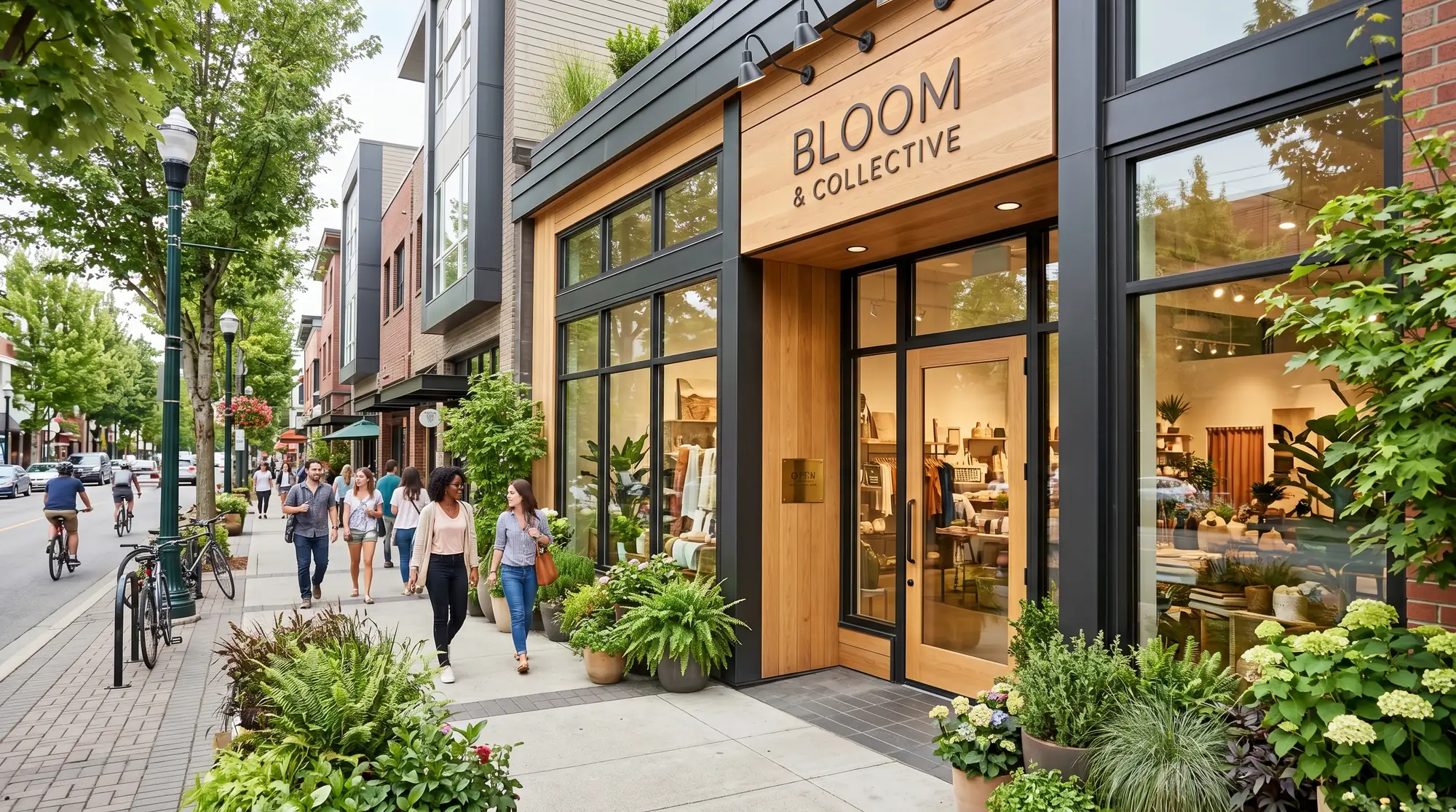 A warm independent storefront at golden hour