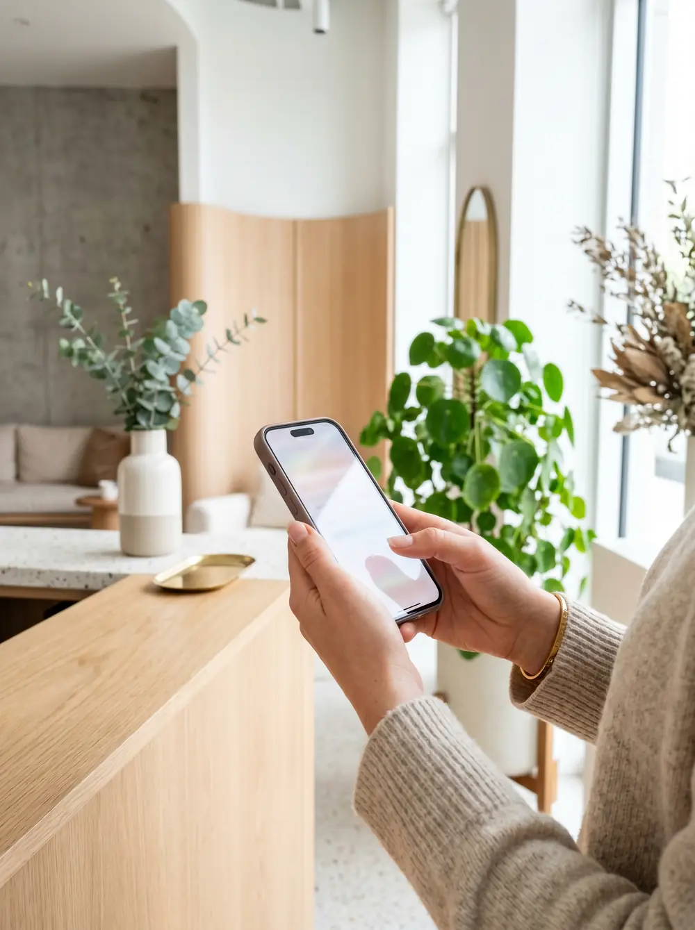 A customer holding a phone in an upscale reception